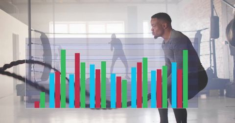 Digital Data Overlay of Man Exercising with Battle Ropes at Gym