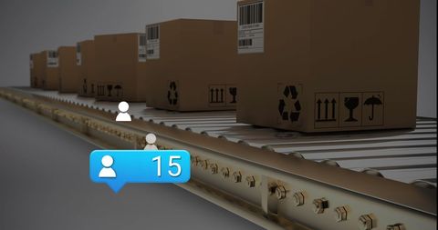 Social Media Notifications Over Conveyor With Boxes