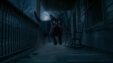 Mystical Black Cat Leaping Under Full Moon
