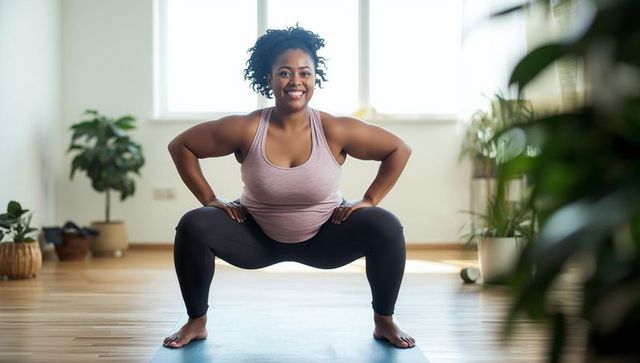 Woman Practicing Plie Squat at Home with Natural Light and Greenery