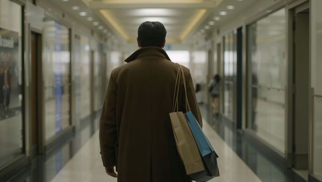 Man in brown overcoat walking through mall corridor carrying shopping bags beneath soft lighting