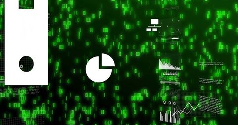 Neon green digital analytics hud with floating pie chart and data visualization