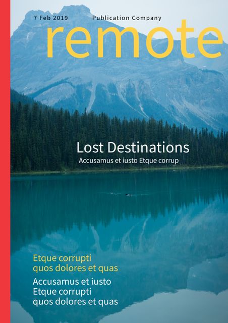 This magazine cover showcases a serene lake with a backdrop of towering mountains, used for promoting travel, adventure, and the beauty of lost destinations. Ideal for use in articles or publications related to travel, adventure guides, nature explorations, and tourism.