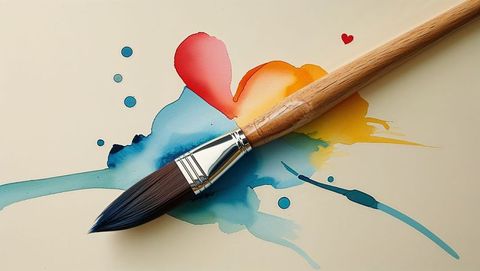 Watercolor brush and rainbow splash on cream paper - artistic creativity concept
