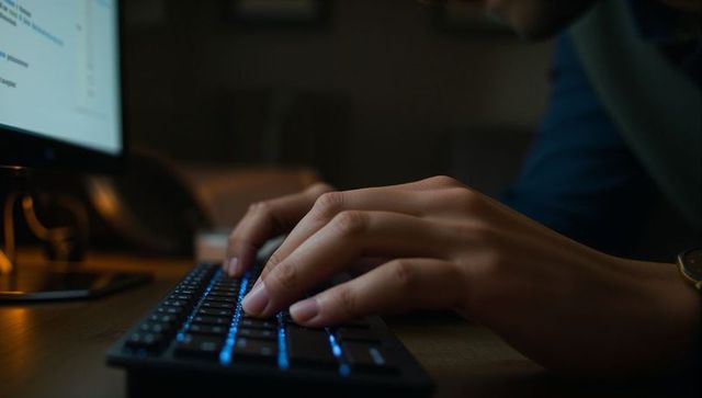 Hands typing on backlit keyboard at night, blue LED keys, remote work and productivity