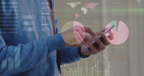 Businessman Analyzing Economic Data on Smartphone with Graphs Overlay