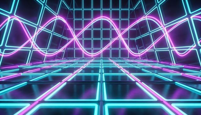 Neon Grid Room with Magenta Sine Wave — Retro Futuristic Synthwave Interior Perspective