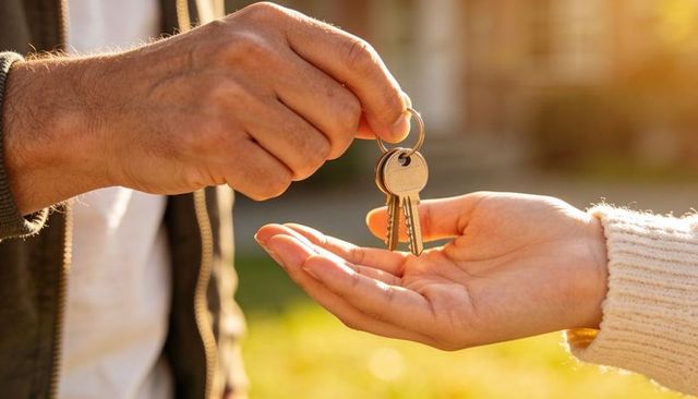 Handing over house keys during golden hour outside front porch close-up