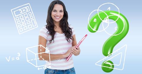 Young teacher with educational symbols and mathematics concept