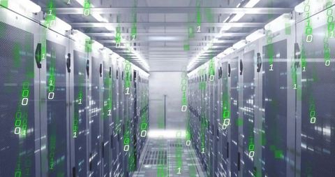 Futuristic Data Center Aisle with Digital Binary Code Overlay