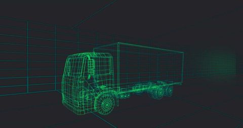 Neon Wireframe Box Truck CAD Render Showing Chassis, Wheels and Cargo Box on 3D Grid