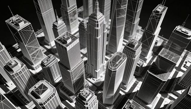Monochrome wireframe cityscape featuring central stepped skyscraper over dense urban grid