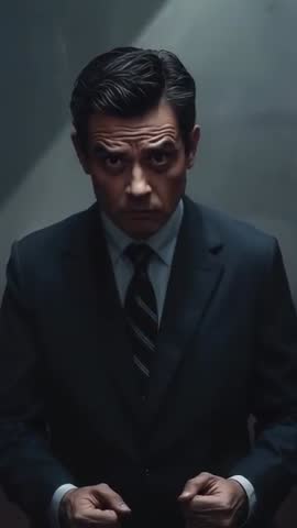 Man in suit raising head and meeting gaze in tense moody vertical video