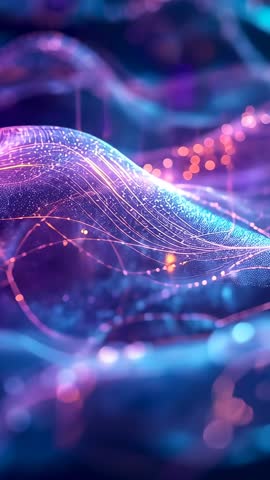 Vertical neon wave flowing through virtual network with particles and light trails