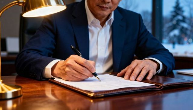 Middle-aged asian executive signing contract at desk with leather folio and fountain pen