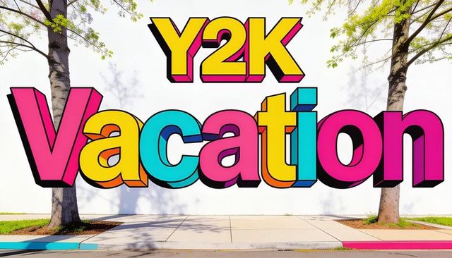 Y2k vacation retro mural on white exterior wall with vibrant 3d colorblock typography