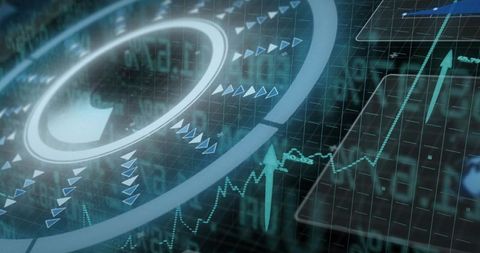 Futuristic hud ring driving data pulse and chart growth in neon teal cyber dashboard
