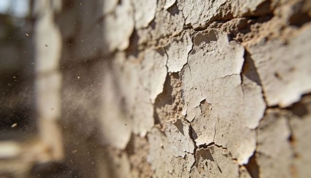Peeling paint cracked plaster wall with dust particles stirring in abandoned interior