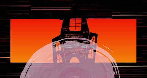 Silhouetted tower against vivid orange sky with abstract swirls