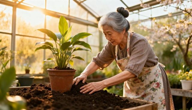 Senior woman gardening in sunlit greenhouse pressing soil around terracotta pot at table