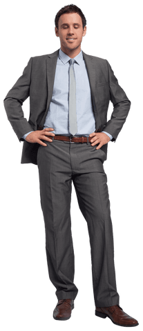 Confident Businessman in Gray Suit with Hands on Hips - Transparent