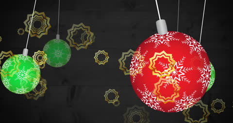 Festive Christmas Baubles on Black Background with Gold Snowflakes