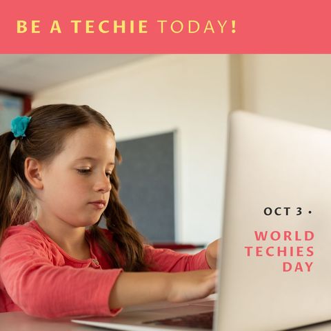 young girl engaged with laptop on world techies day - Download Free Stock Templates Pikwizard.com