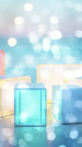 Tilting Camera Revealing Glowing Cubes Pulsing with Ambient Blue Bokeh Light Loop