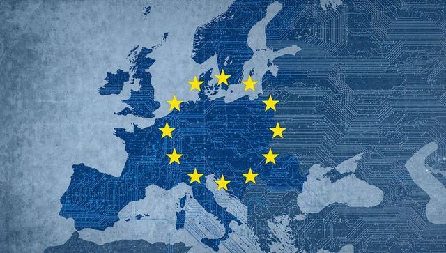 Digital Europe Map with Circuit Board Design and EU Stars