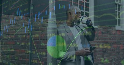 Businessman analyzing stock market trends on phone with coffee