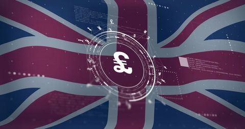 British pound symbol and data over uk flag representing global finance