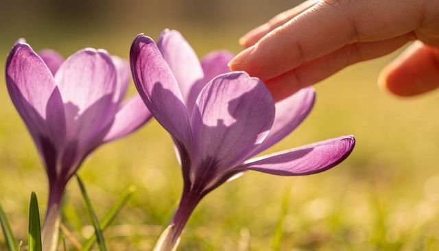 Hand reaching toward purple crocus blooms in warm backlight, intimate spring meadow closeup