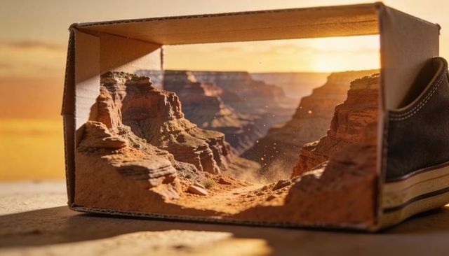 Miniature canyon diorama revealing desert cliffs inside shoe box at sunset