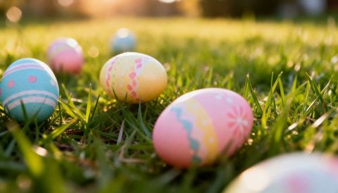 Pastel Easter Eggs Resting on Grass at Golden Hour with Floral Patterns