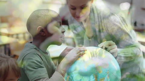 Children Learning with Teacher and Globe, Overlay of Nature