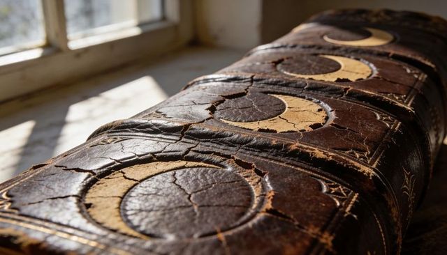 Worn leather book spines with cracked gilt medallions, vintage patina and sunlight detail