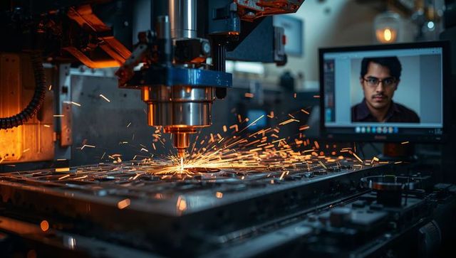 Cnc machine slicing metal with sparks in industrial workshop