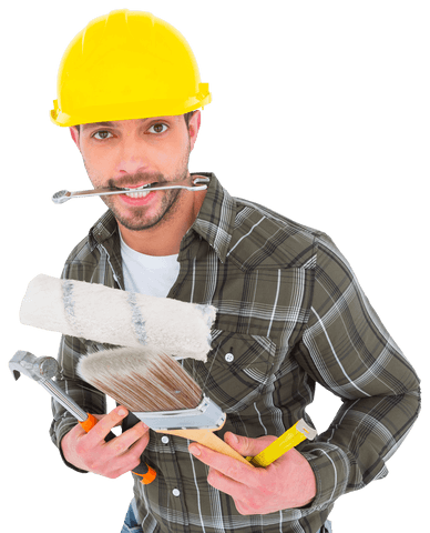 man wearing hard hat holding various tools transparent background - Download Free Stock Videos Pikwizard.com