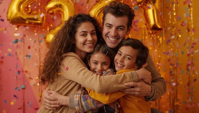 Warm smiling family hug celebrating party with gold balloons confetti cozy togetherness