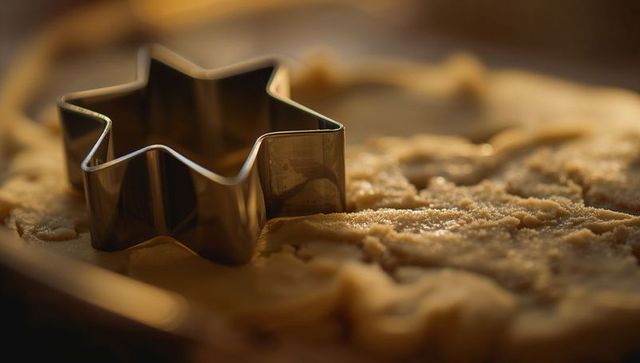 Star-shaped cutter pressing into cookie dough offering festive baking ambiance