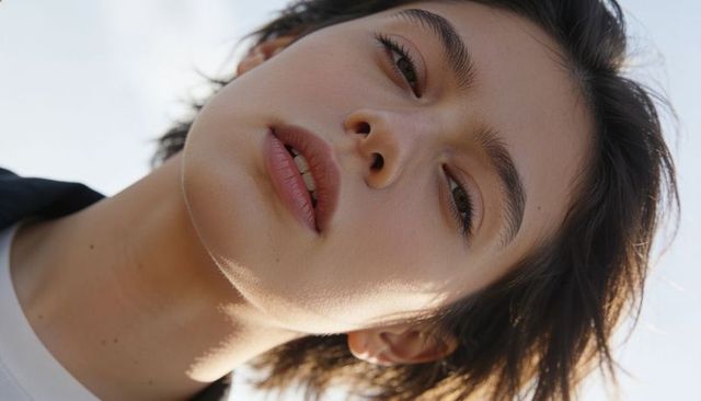 Sunlit tilting woman closeup showing freckled skin, natural makeup, soft breeze, glow