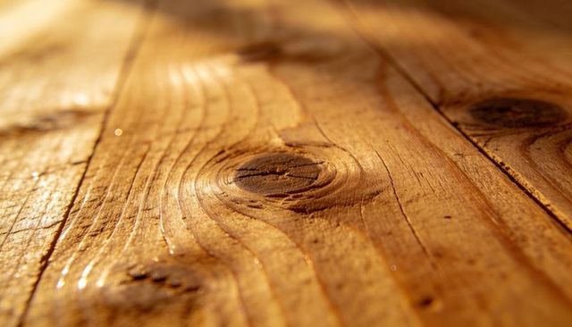 Sunlit wooden plank macro showing prominent knot and warm grain texture