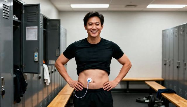 Smiling asian man lifting black tee revealing insulin infusion set in gym locker room
