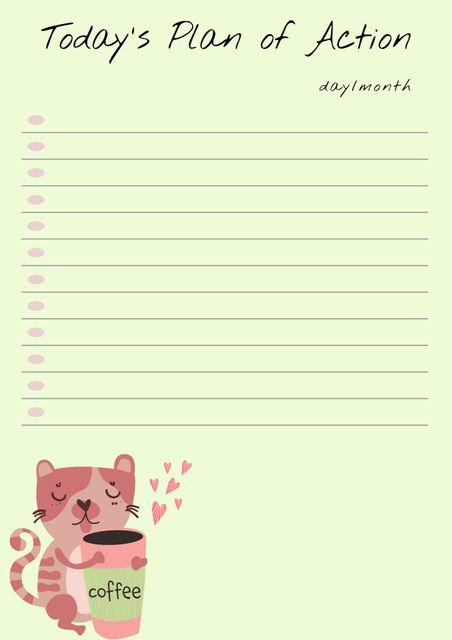 Blank Daily Action Plan Template with Cute Cat and Coffee - Download Free Stock Templates Pikwizard.com