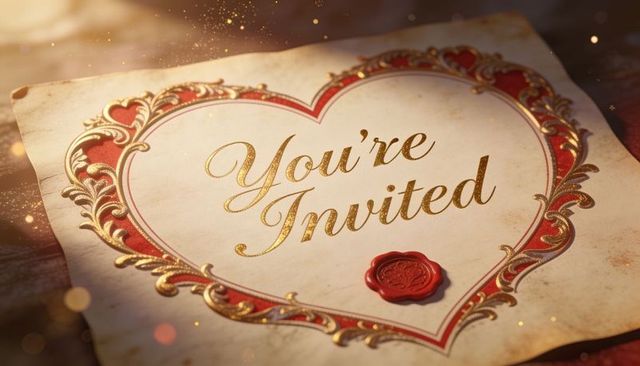 Ornate heart invitation card featuring gold lettering, red wax seal, elegant vintage filigree