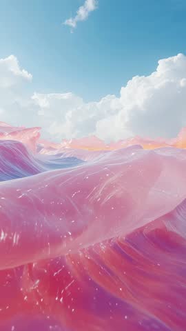 Vertical video showing translucent pink waves rolling under bright blue sky and clouds