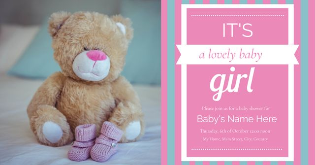 Baby Shower With Teddy Bear and Pink Baby Shoes - Download Free Stock Templates Pikwizard.com