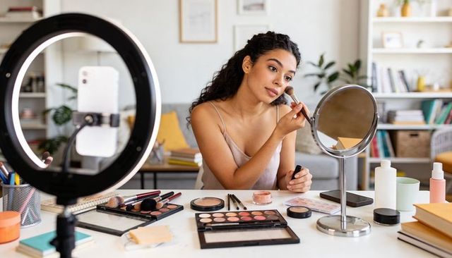 Beauty influencer applying makeup at home desk with ring light, mirror and smartphone