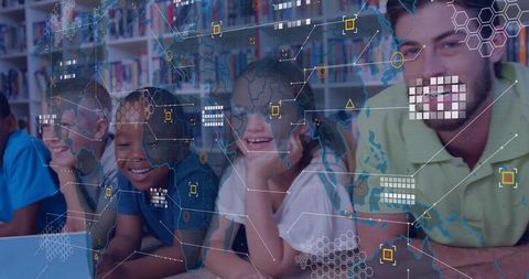 Teacher guiding students with laptop, global data overlay and collaborative learning