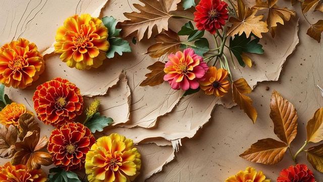 Autumn flat lay with marigolds and leaves on rustic paper